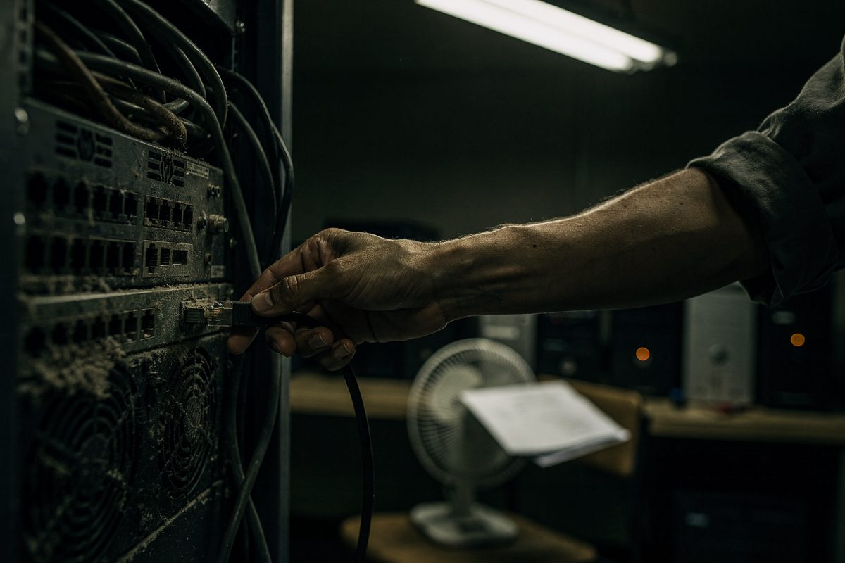 Night close-up of a hand plugging an ethernet cable into a dusty rear panel while a small desk fan blows papers on a chair, the room lit only by a single.