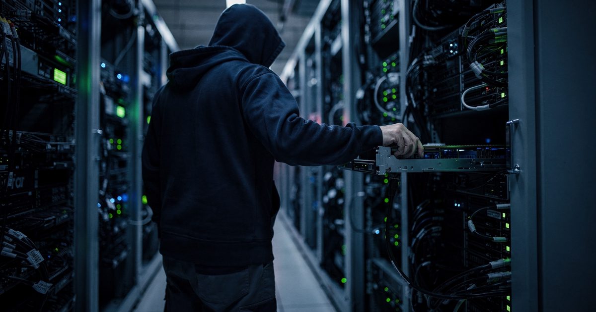 Medium shot in the cold blue glow of a data centre aisle late at night, a technician seen only from behind sliding a single server blade out of a humming rack.