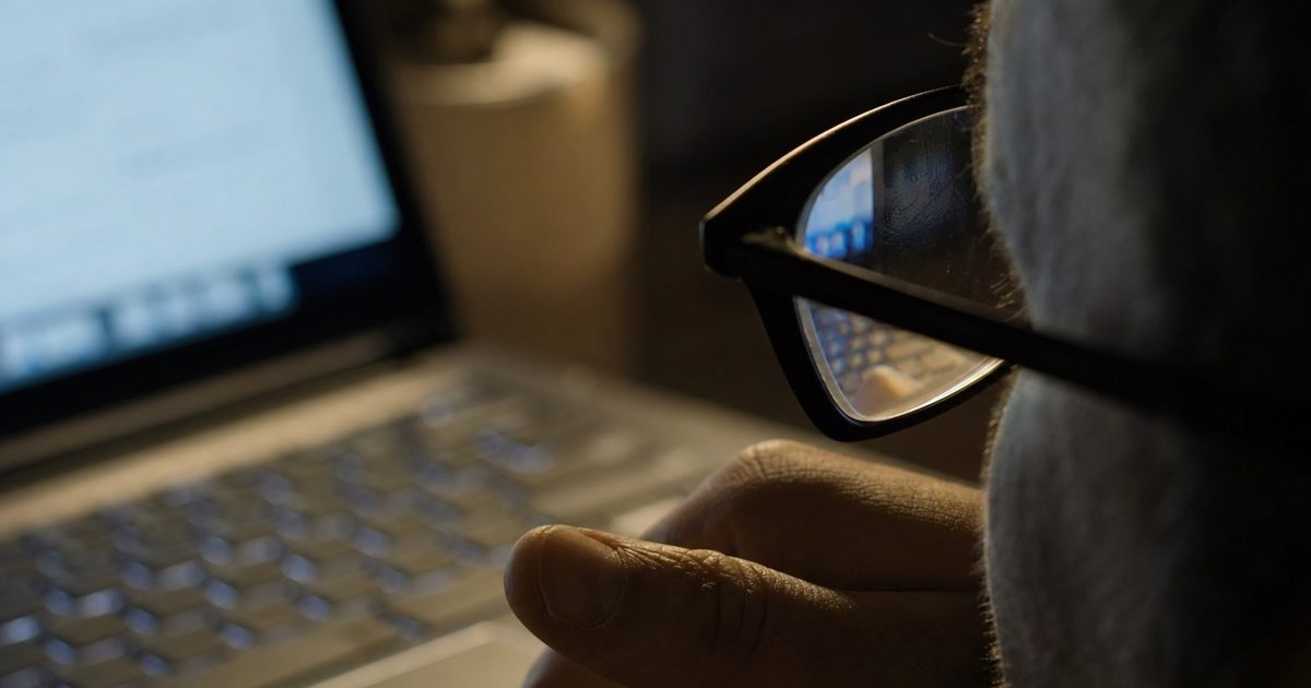 Extreme close-up of a person's thumb hovering over a laptop trackpad at night, the checkout screen reflected as an unreadable smear of blue-white glare on.