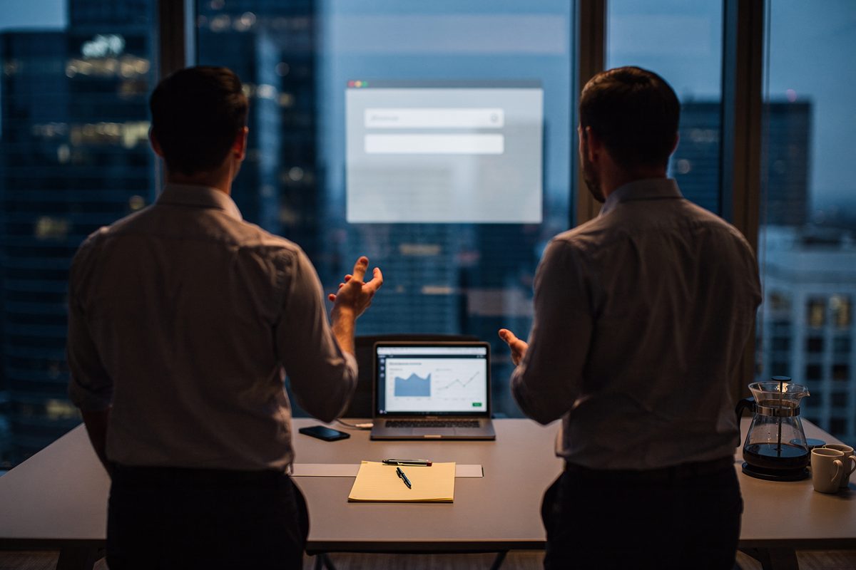 Wide shot from behind two part-cropped figures in shirtsleeves standing at a floor-to-ceiling glass wall in an empty upper-floor conference space at first.