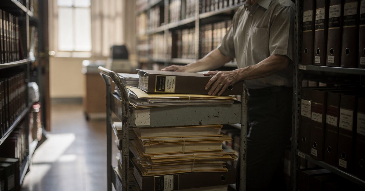 Mid-morning sun through tall courthouse windows in a federal records room as a clerk cropped at the neck wheels a metal cart of bound case files along a narrow.