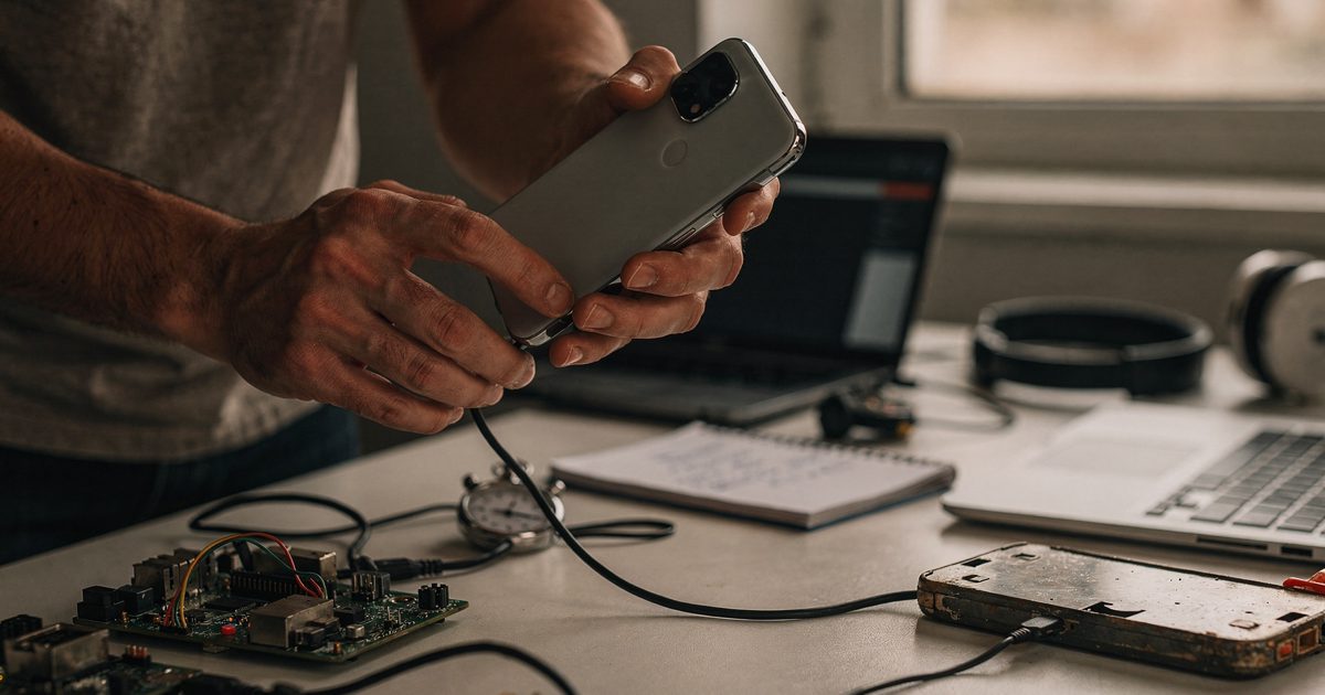 Close crop of a reviewer's hands turning over a flagship phone above a cluttered test bench in late-afternoon window light, the circular rear lamp unlit as a.
