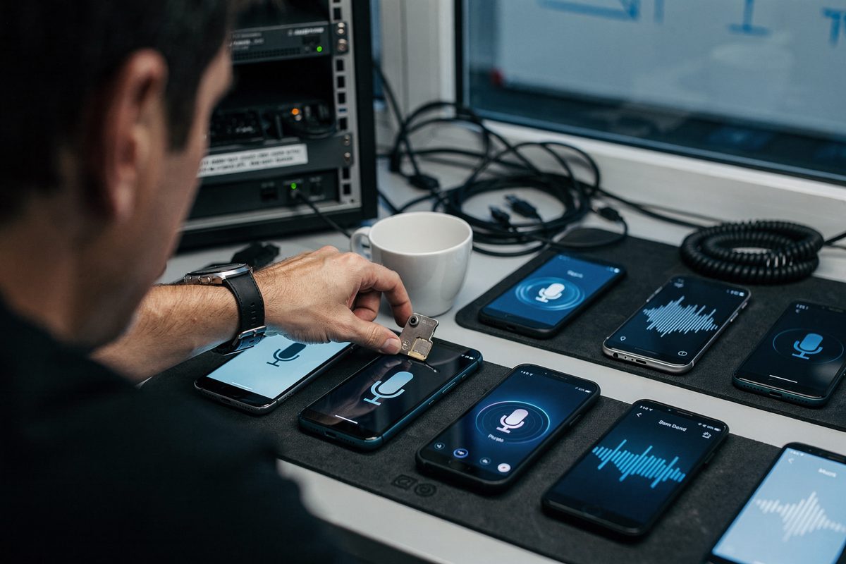 Over-the-shoulder view of a person cropped at the ear leaning over a morning lab table of phones in a row under cool fluorescent light, reaching for a coffee.