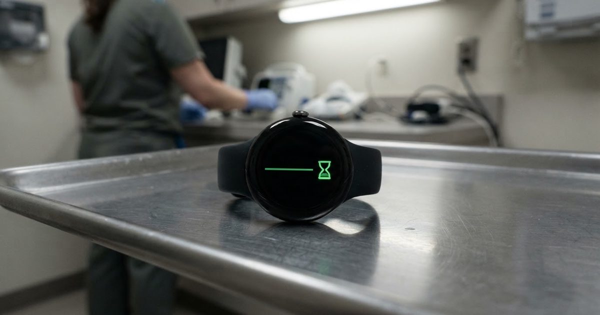 A sleek, glowing smartwatch resting on a cold, brushed-steel medical tray under harsh fluorescent lighting, its screen displaying a perfectly flat green pulse.