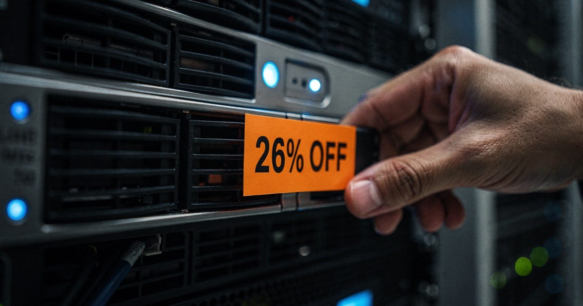 Close detail inside a humming server room under cold blue indicator light, a hand cropped at the knuckles pressing a bright orange price sticker reading "26%.