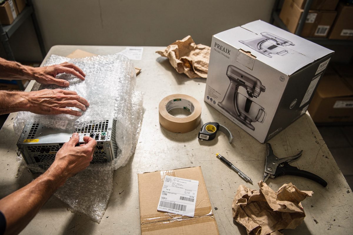 Overhead shot of a cluttered office mailroom packing table in harsh midday window light, two pairs of hands wrapping a server unit in bubble wrap beside an.