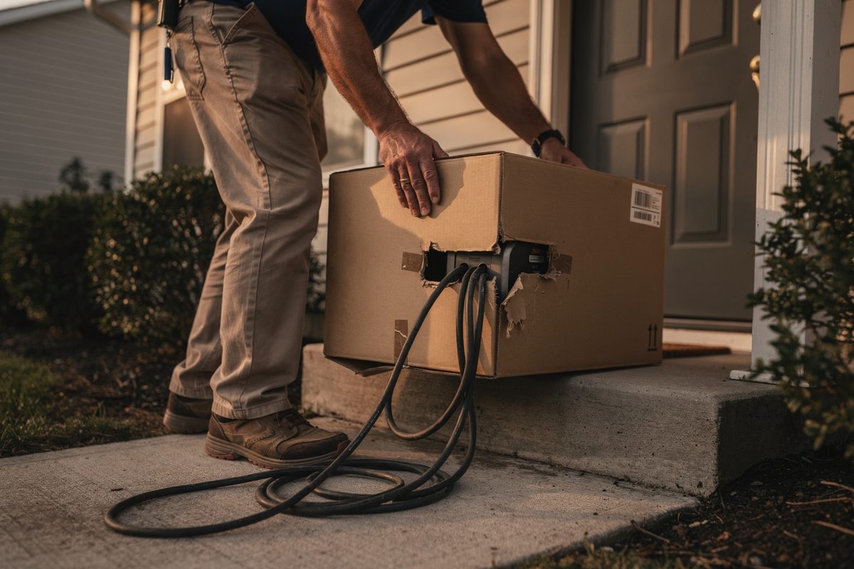 Low shot from a suburban front walk in warm late-afternoon light, a delivery driver seen only from the knees down setting a heavy cardboard box on porch steps.