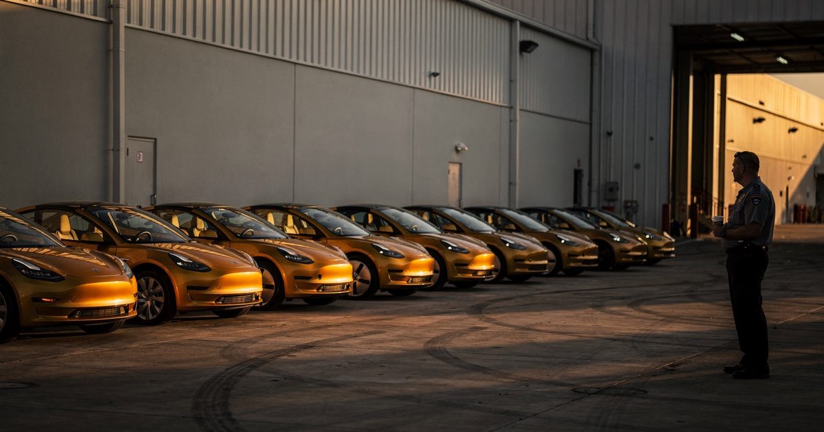 Low golden-hour sunlight cutting across a concrete loading apron outside a Texas car plant, a line of small gold two-seat cars parked nose-to-wall with hazard.