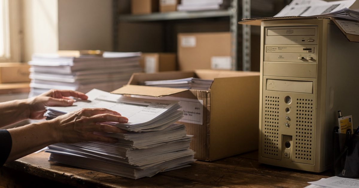Close shot at desk height in a small charity mail room in warm morning window light, a volunteer's hands seen from the wrists down sorting a towering stack of.