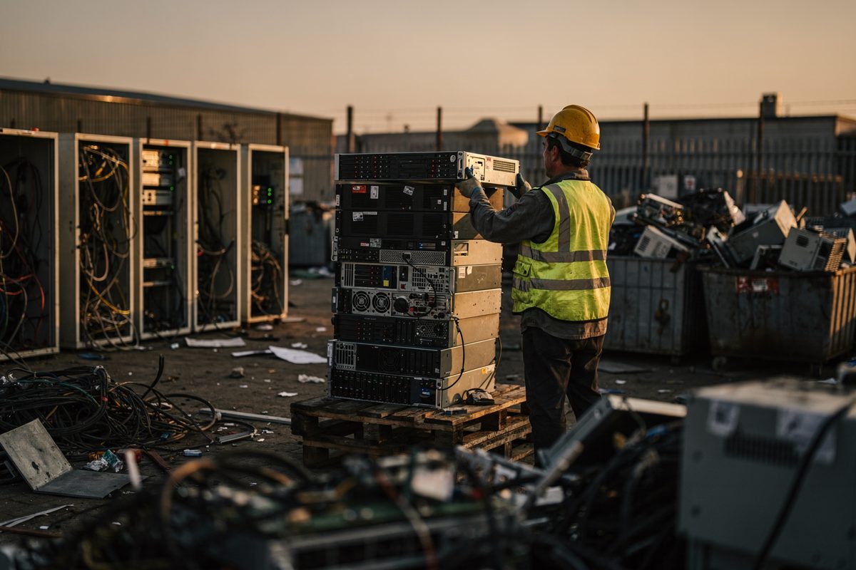 Wide shot across an electronics recycling yard at sunset, a worker in a hi-vis vest seen from behind lifting a retired rack server onto a wooden pallet already.