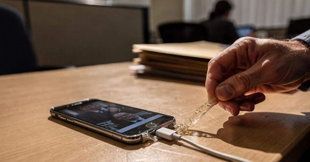 Close-up of a Senate annex desktop in hard late-afternoon sun, a hand at the edge of the frame peeling a heat-warped charging cable from a phone that still.