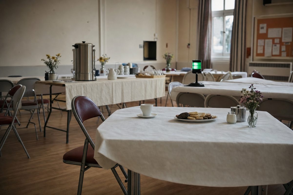 News photograph inside a modest community hall prepared for a neighbourhood coffee morning, folding chairs, plain tables, tea urn and an empty seat facing a.