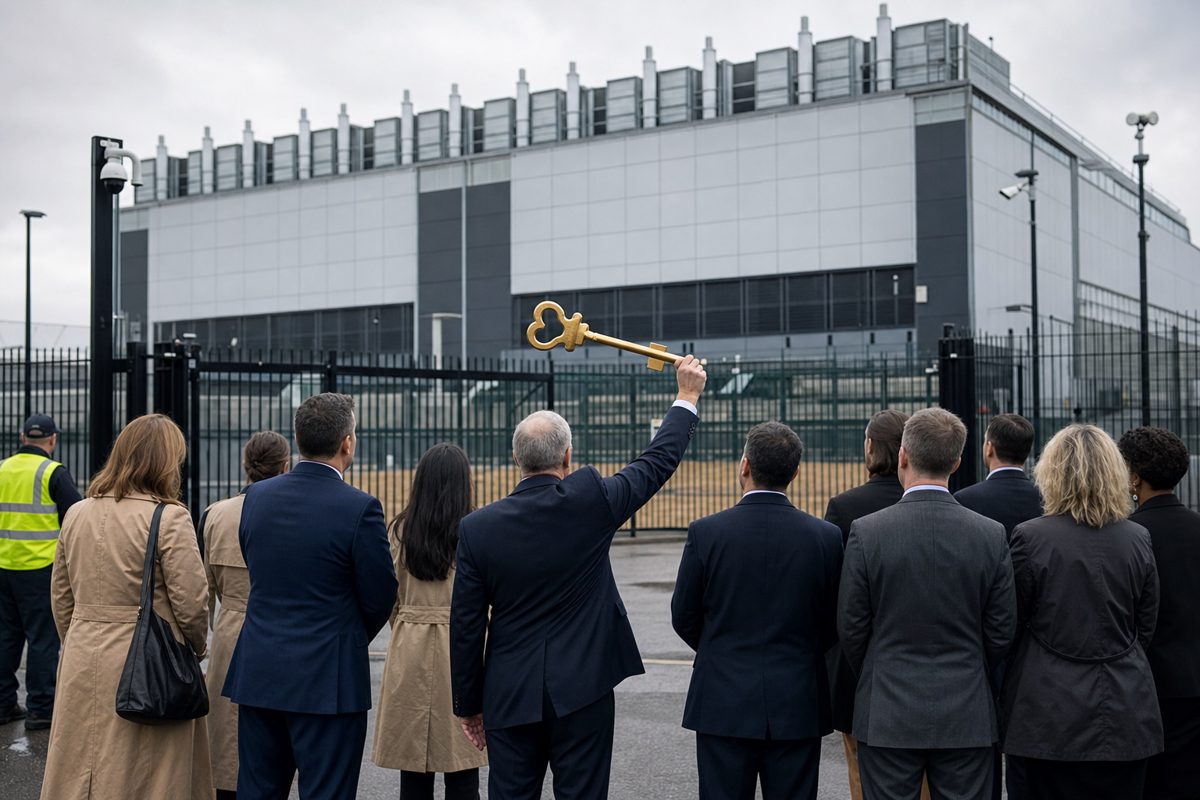 Wide press photograph of officials seen only from behind standing outside an anonymous secured datacentre entrance while one person holds a ceremonial.