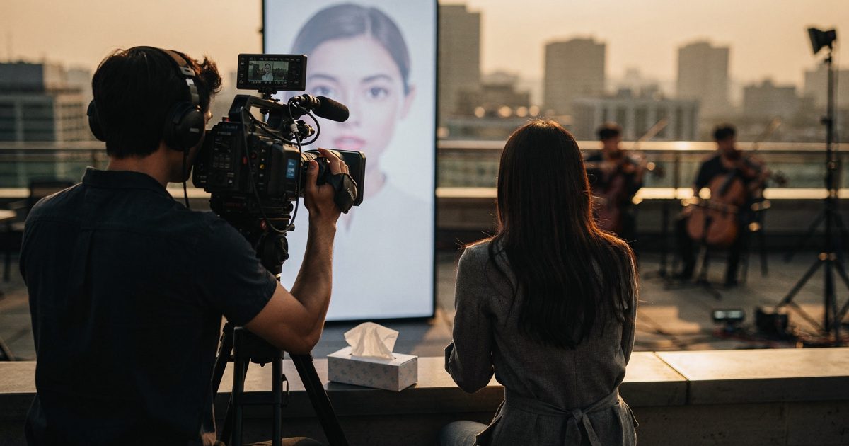 Over-the-shoulder shot on a Seoul rooftop film set at golden hour, a camera operator in a headset filming a seated woman from behind as she faces a tall.
