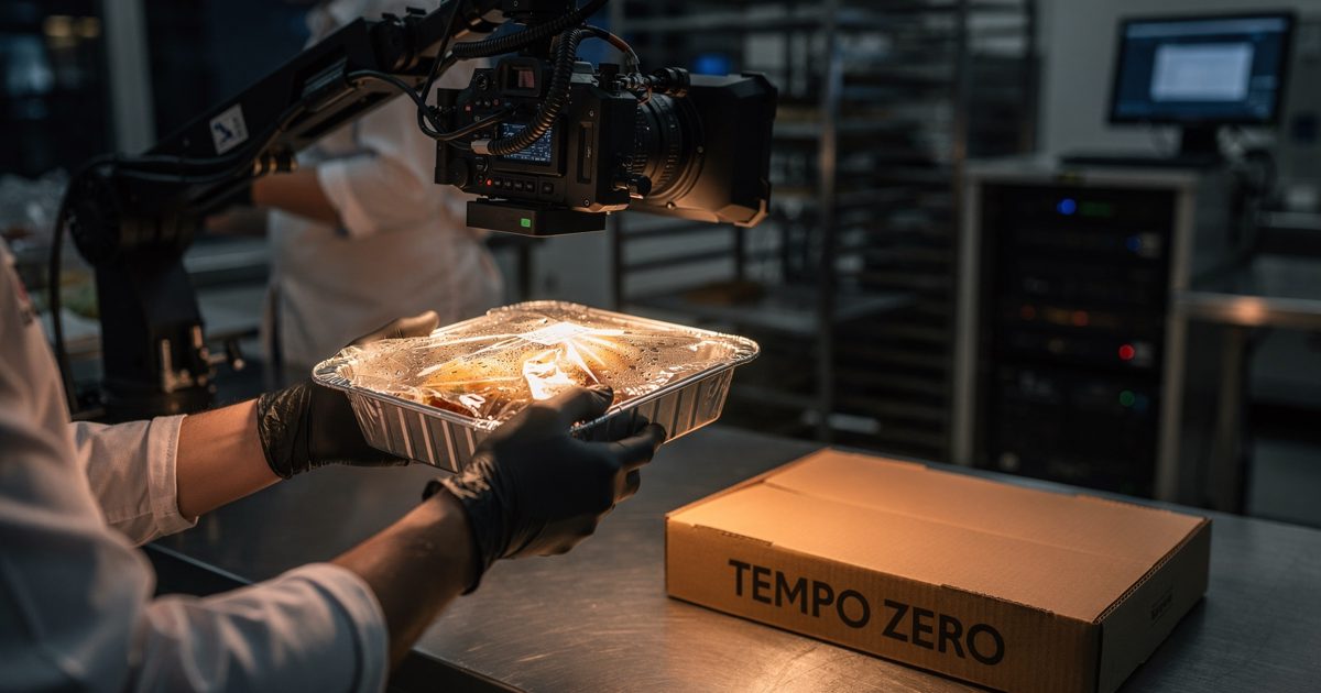Close detail under warm pass-light in a commercial fulfilment kitchen at night, gloved hands holding a sealed foil meal tray up to a camera rig on an.