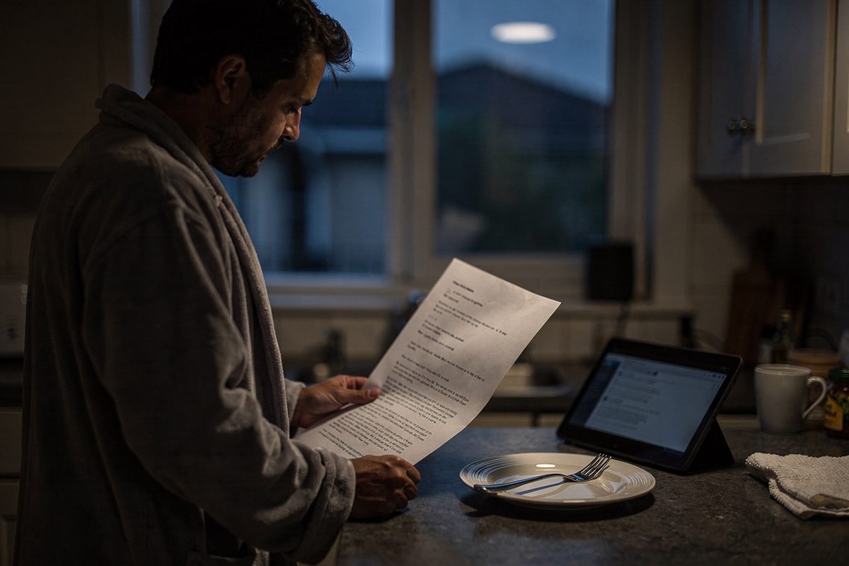 Wide shot at dusk in a suburban kitchen, a man in a dressing gown framed from the side with his face turned to the window, reading a long printed email that.