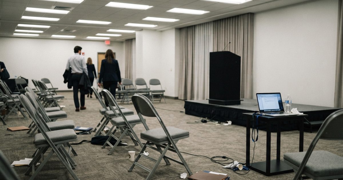 A near-empty corporate press room after an announcement, folding chairs askew, a bare lectern with no branding, a single laptop left open on a side table.