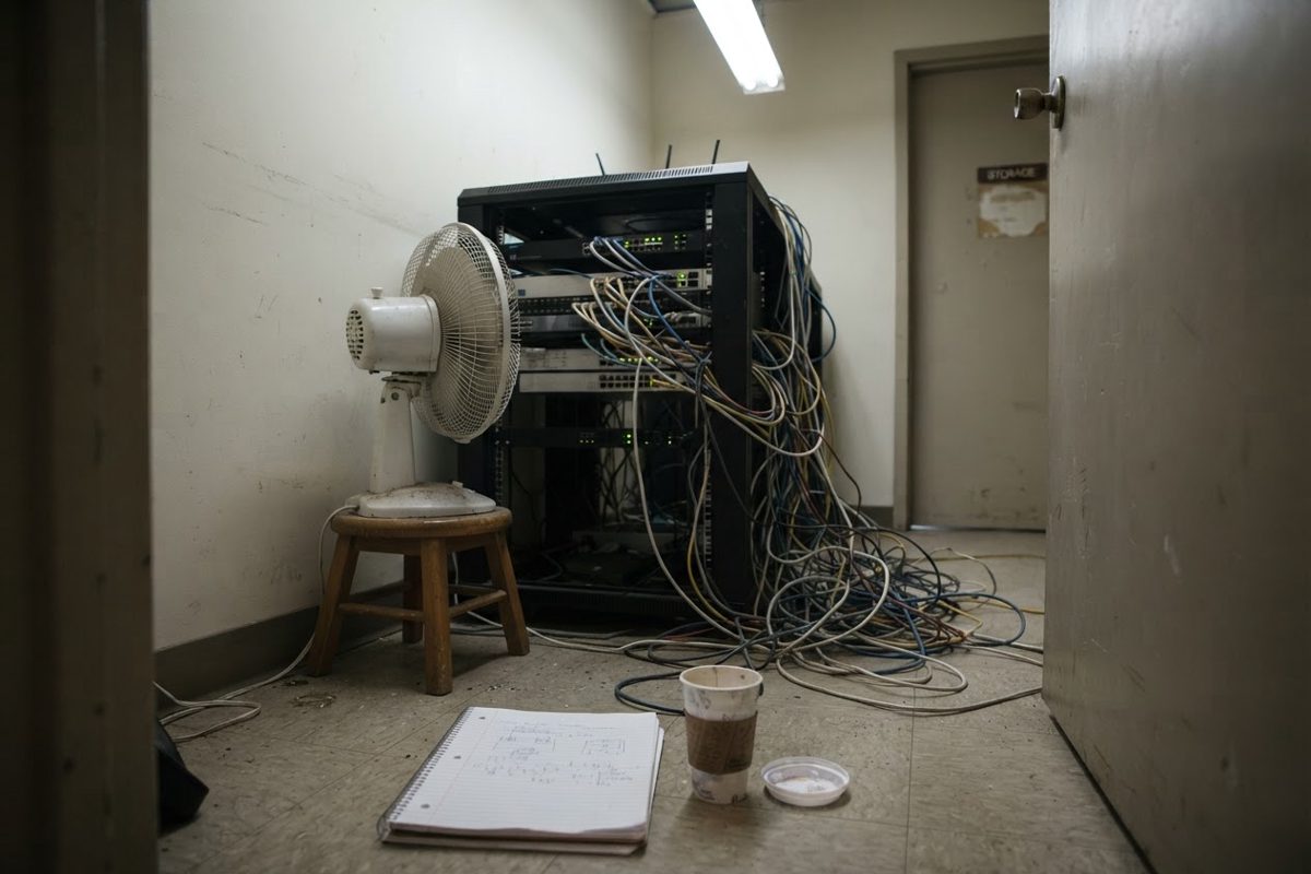A server rack in a small office closet with a desk fan pointed at it, tangled ethernet cables, a spiral notebook and cold coffee on the floor beside it.