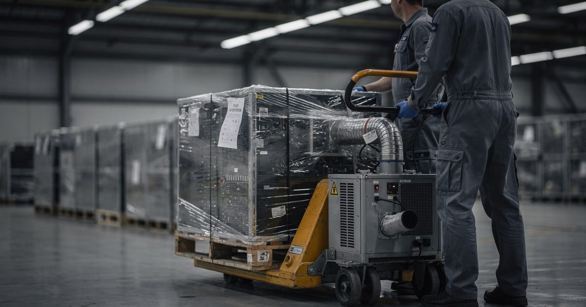 Inside a cavernous aircraft hangar lit by overhead fluorescent banks after dark, workers cropped at the chest in coveralls guide a pallet jack under a sealed.