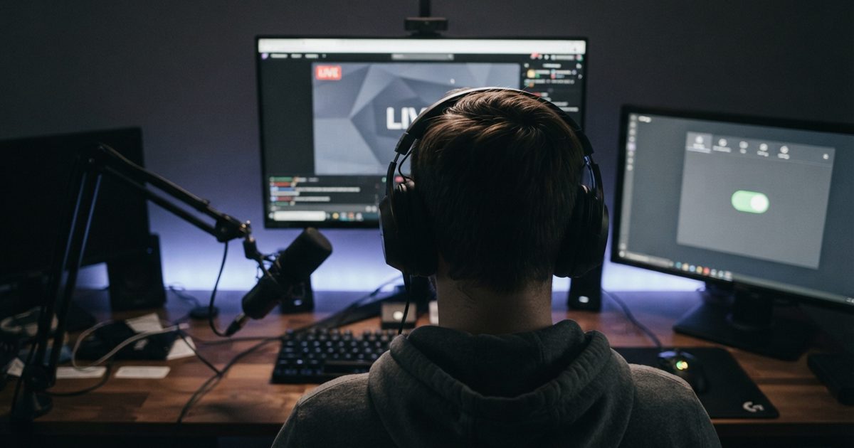 Documentary-style newsroom photograph of an anonymous Twitch streamer seen from behind at a desk with monitors, microphone, headphones and soft LED lighting.