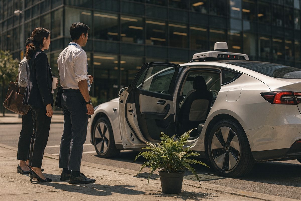 Hard late-morning sun on a downtown sidewalk outside a glass office tower as three people cropped at the hips wait beside the open rear door of a white.