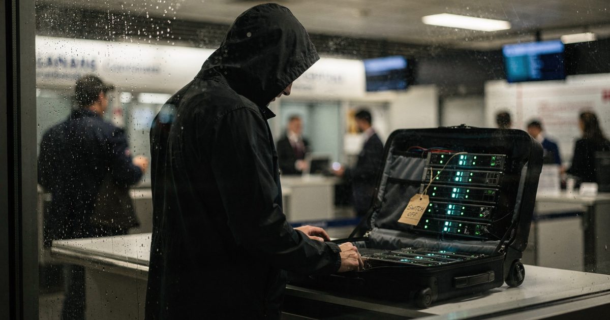 Through rain-streaked glass at night outside a Canberra airport customs hall, a hooded figure stands at the counter beside an open roller bag holding six.