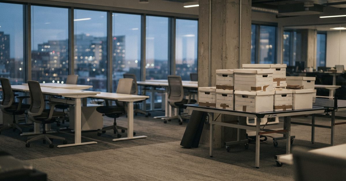 A nearly empty open-plan startup office at dusk, unused standing desks and a ping-pong table stacked with unmarked bankers boxes, a rolled yoga mat leaning.