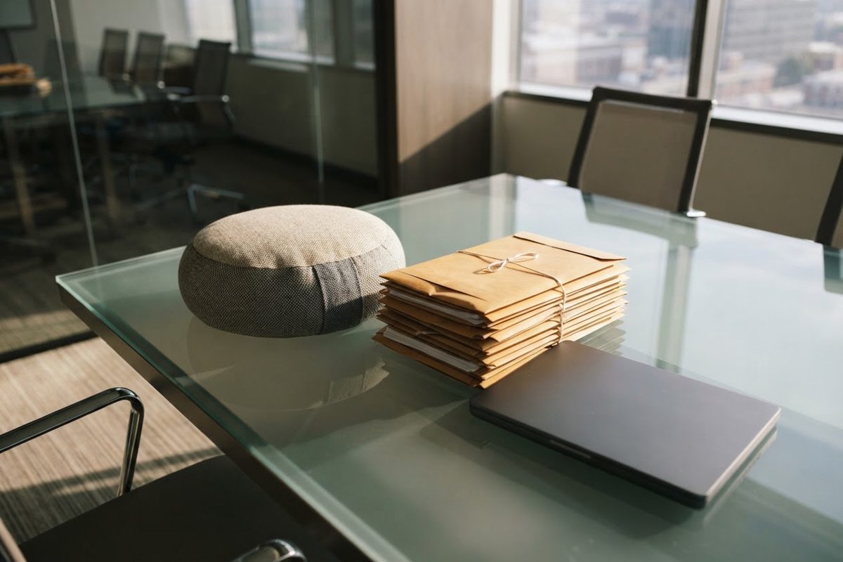 A glass conference table photographed from above, a meditation cushion placed beside a neat stack of manila legal envelopes and a closed laptop, late-day sun.