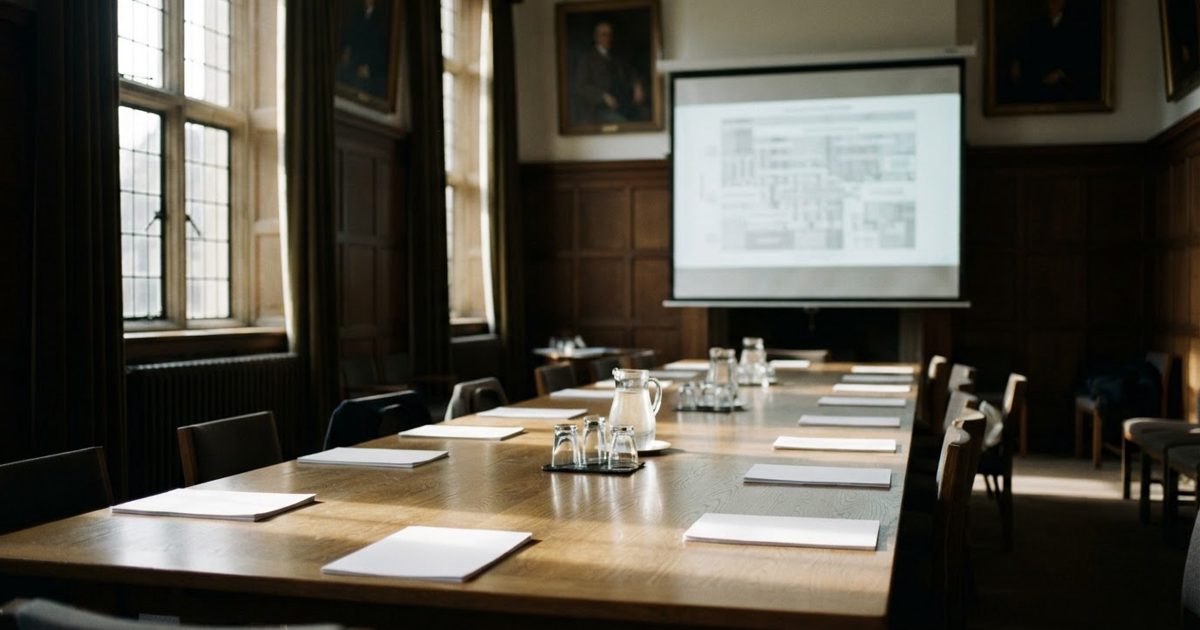 A wood-panelled university committee room, empty except for a long polished table with water glasses and stacks of unmarked paper, afternoon light through.