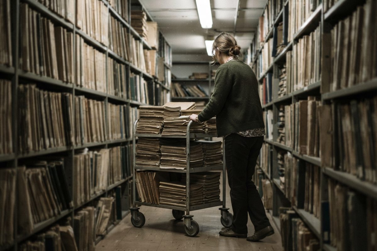 A university librarian in a cardigan pushing a metal trolley loaded with faded bound journals down a narrow basement stack aisle under fluorescent strip.