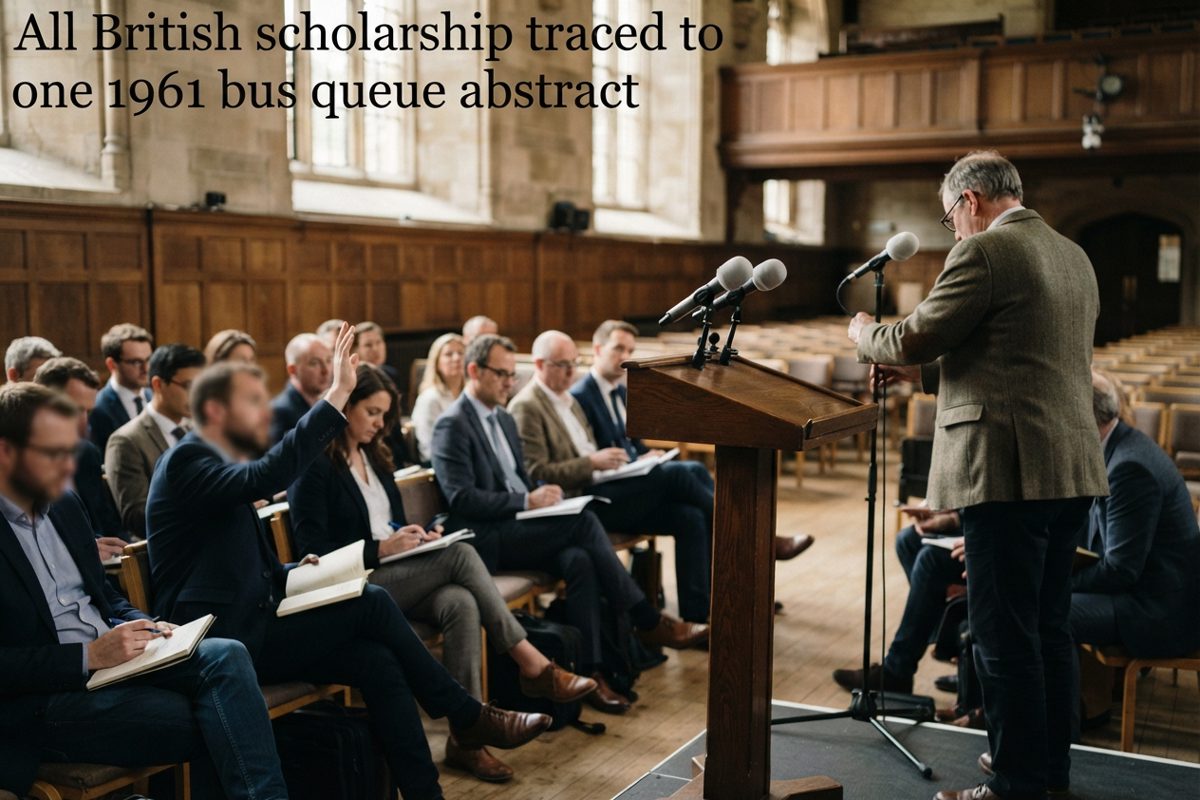 A press briefing in a historic British university hall: an empty lectern with two microphones facing rows of seated journalists holding notebooks and phones.