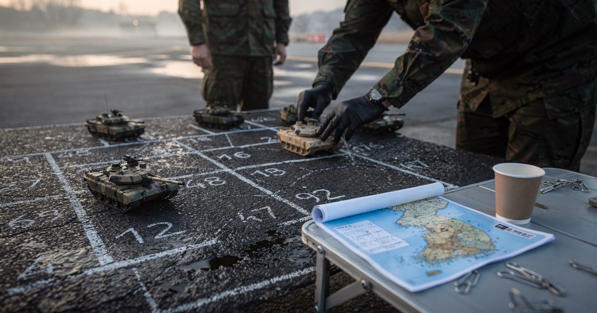 Close-up at dawn of gloved hands arranging small painted model tanks along a chalk grid drawn on wet asphalt, a laminated map weighted down with a coffee cup.