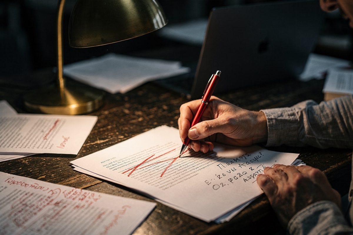 Close detail on a battered wooden desk under the harsh glare of a brass reading lamp, a hand holding a red pen aggressively striking through a printed.