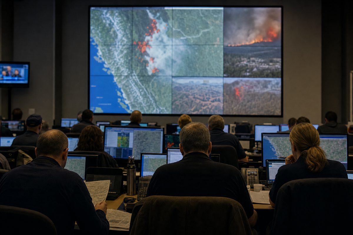 Interior news photograph of a provincial emergency operations room, anonymous officials seen from behind studying wildfire maps and computer monitors, subdued.