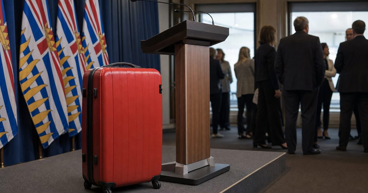 Documentary news photograph inside a provincial government media room, a large plain red suitcase standing beside an empty lectern, subdued institutional.
