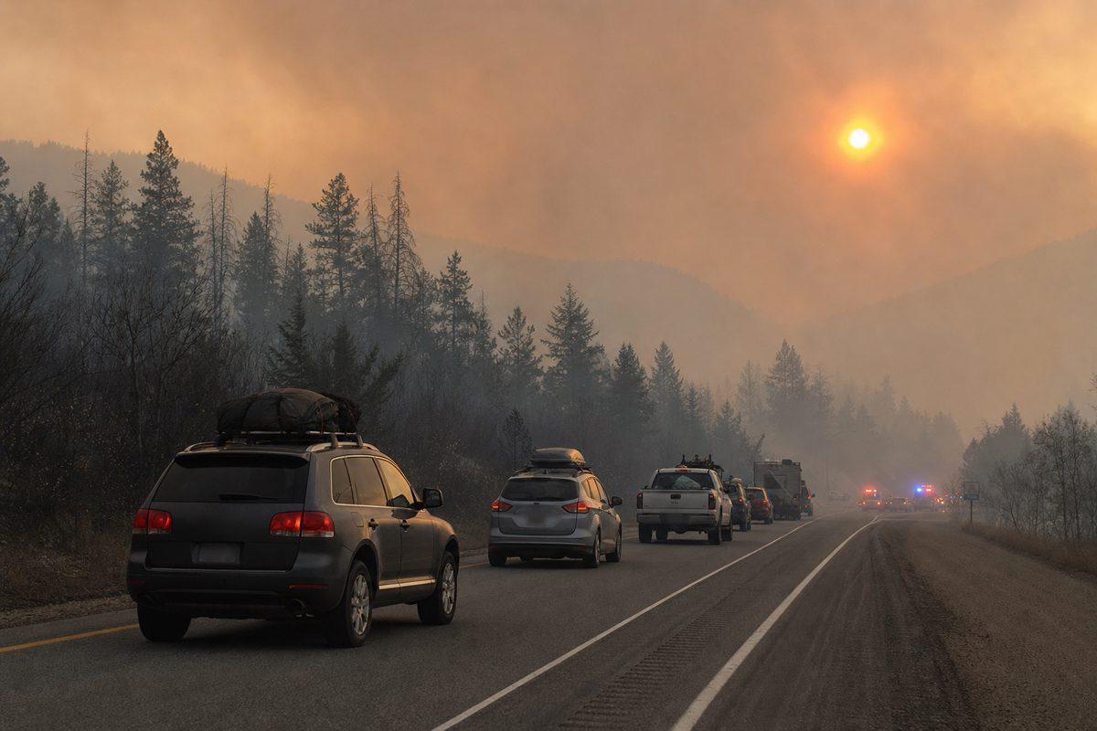 Wide photojournalistic view of a smoky highway through a forested region of British Columbia, several ordinary vehicles travelling away beneath an orange-grey.