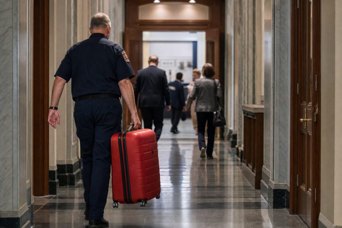 Quiet documentary photograph of an emergency worker seen from behind carrying a red suitcase down a government building corridor after a briefing, natural.