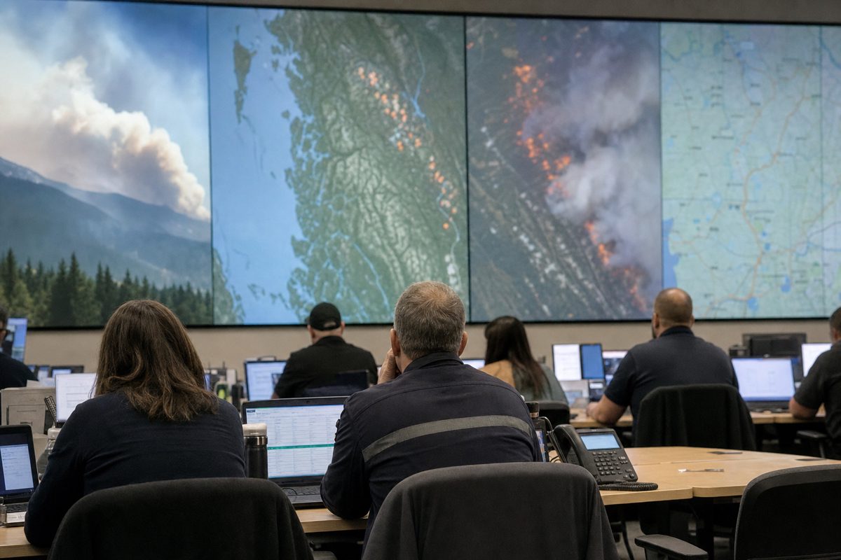 Candid newsroom-style photograph inside a provincial emergency operations centre, showing anonymous officials from behind studying wildfire maps on large.