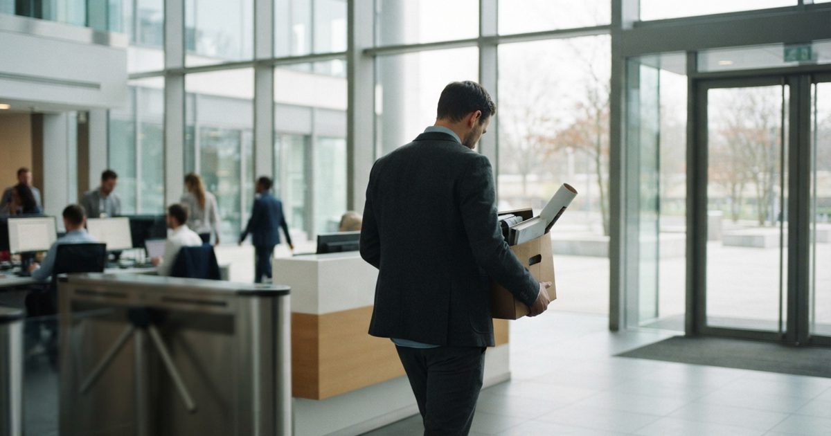 A realistic editorial news photograph of an anonymous technology executive seen from behind carrying a cardboard box through a modern glass-and-steel office.
