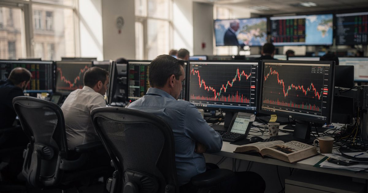 Hard mid-morning sun cutting across a City of London trading floor, a row of futures traders shot from behind at shoulder height with one leaning back and arms.