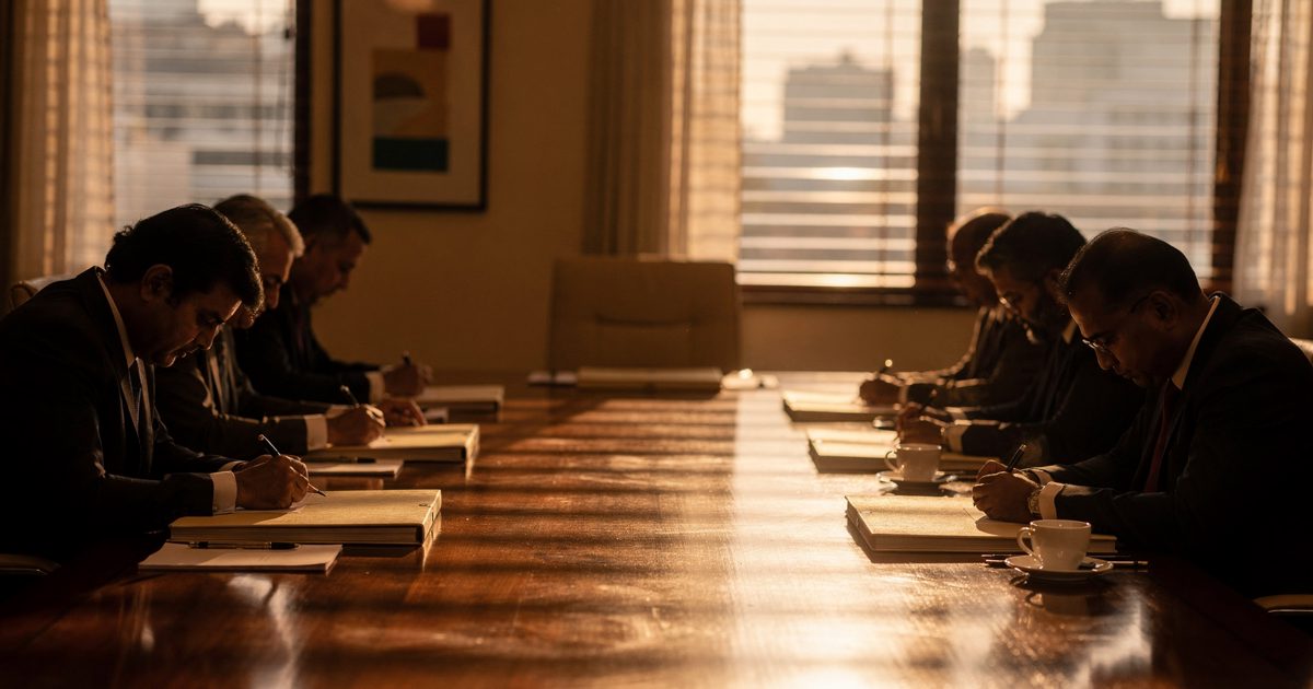 In a New Delhi hotel suite striped by late-afternoon sun, aides at a long table keep their faces down over identical cream folders while an unused teacup and.
