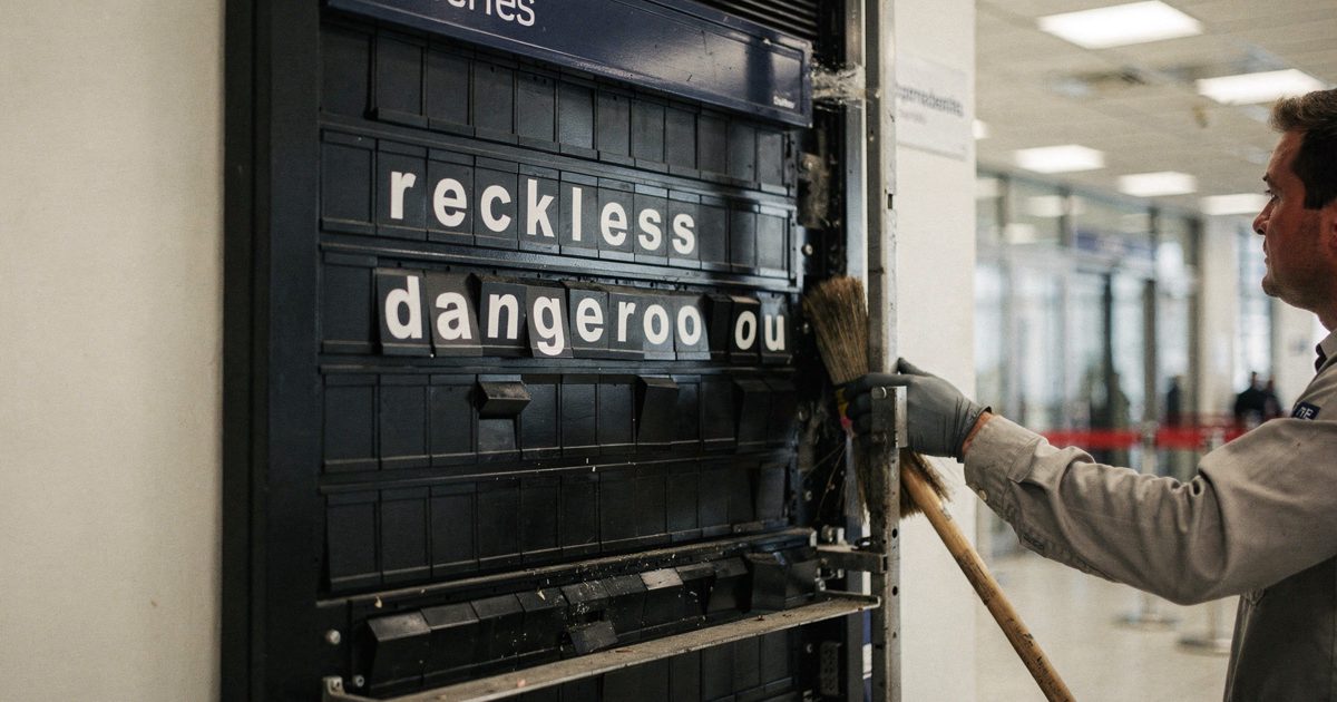 Close shot in flat fluorescent lobby light of a split-flap departures board mid-flip, one row of black tiles frozen between two words and a cleaner's broom.
