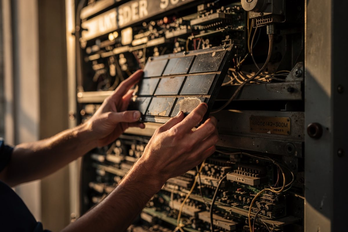 Close detail in warm late-afternoon light of a repair technician's hands cropped at the wrists holding a single worn split-flap tile against the open back of a.