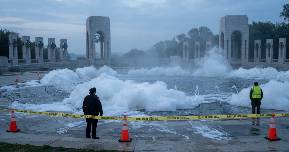 Early morning news photograph of a large neoclassical memorial fountain on a national mall, drifts of white soap foam floating across the water's surface.