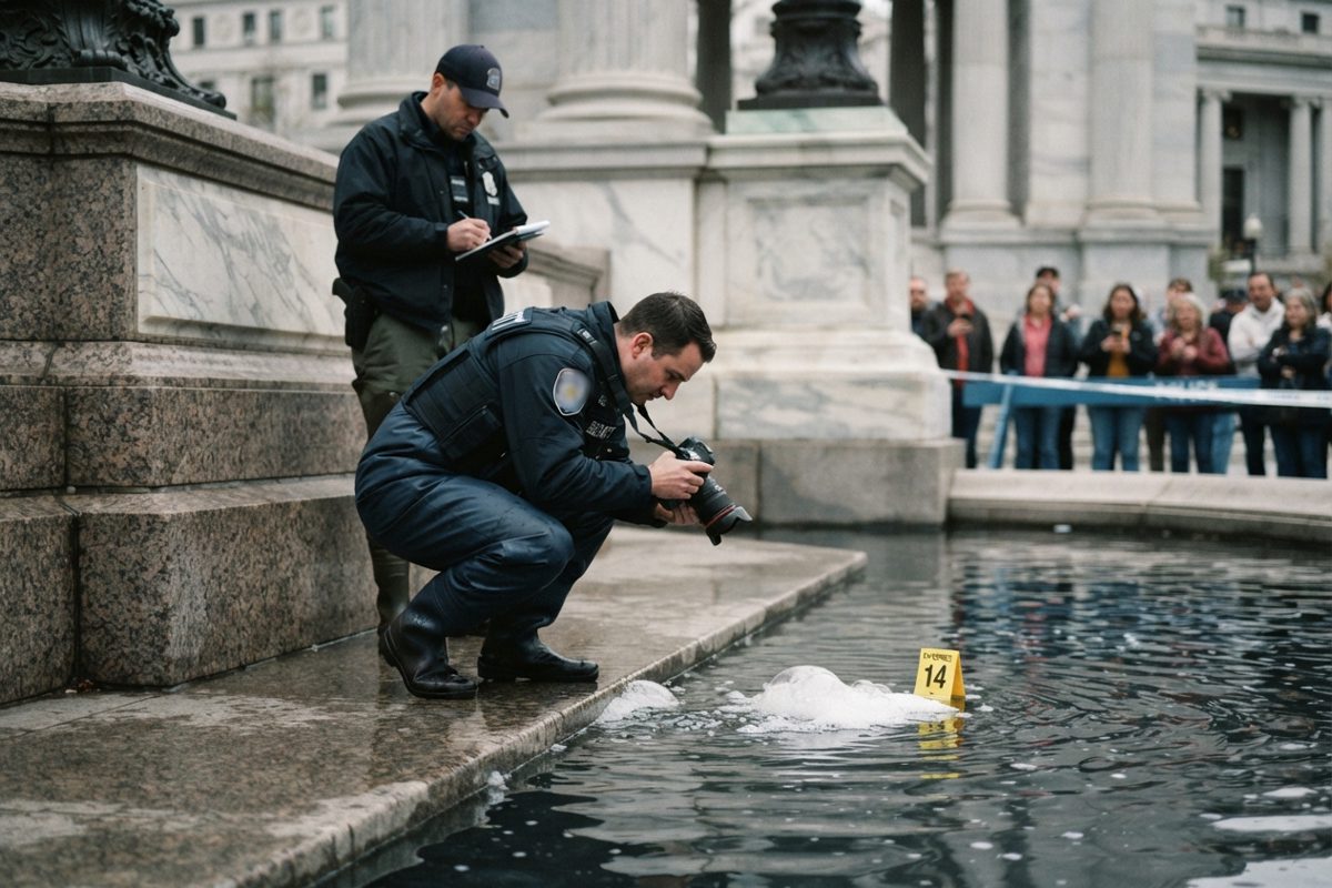 Photojournalistic shot of uniformed officers in rubber waders standing in a shallow ornamental fountain, one crouching to photograph a cluster of soap bubbles.