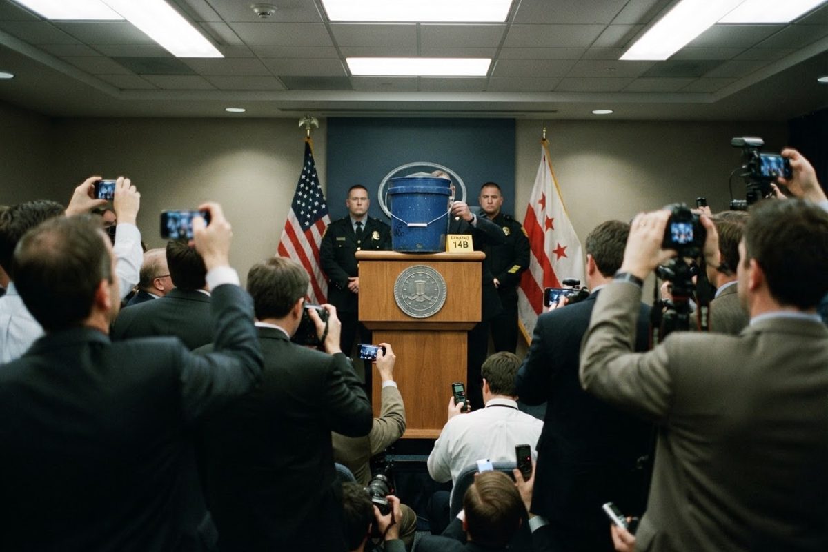 Wide press-conference scene shot from behind the audience: rows of reporters with raised phones and cameras facing an empty government podium flanked by flags.