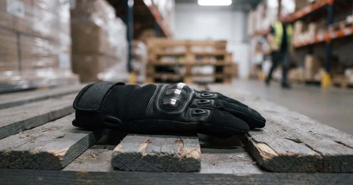 Close-up product photograph of a black tactical glove with visible metal contact plates on the knuckles, resting on a grey warehouse pallet under fluorescent.