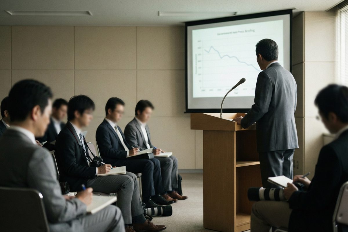 Wide documentary shot of a plain government press briefing room, a lectern with no insignia, a projector screen showing an unreadable blurred line chart, a.