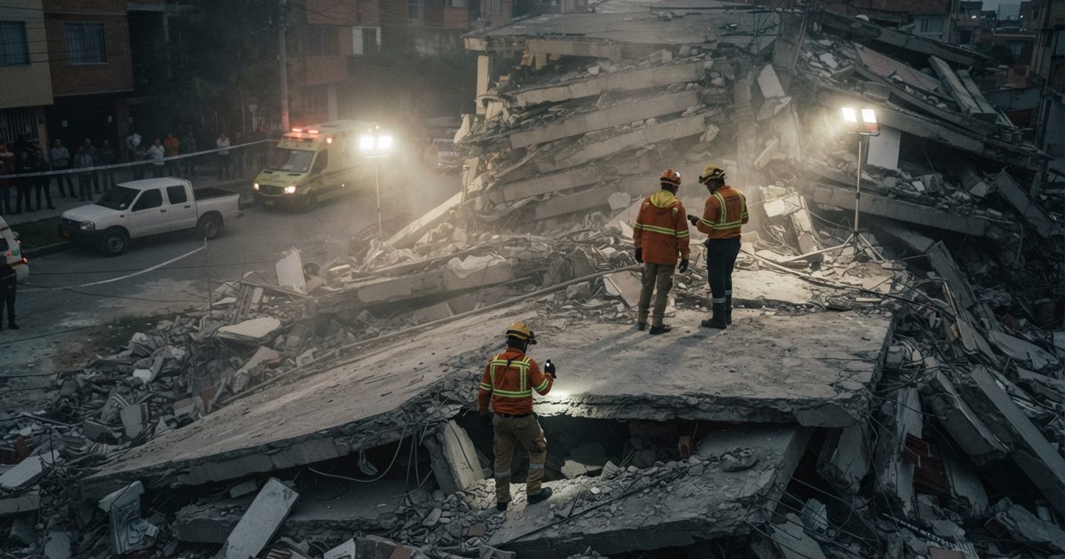 Wide dusk photograph of a collapsed concrete building, dust hanging in the air, portable floodlights just coming on. Several rescue workers visible only from.