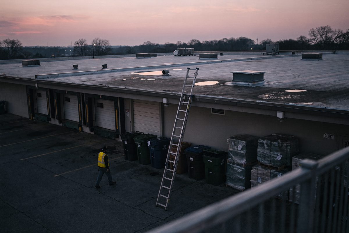 Wide high shot at pink sunrise over a flat warehouse roof beside a loading bay in suburban Maryland, an aluminium ladder propped against the gutter above a row.